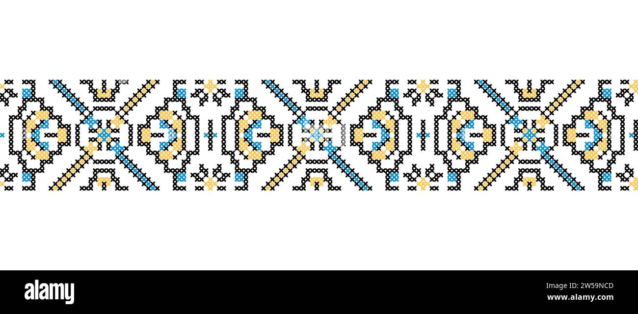 Tessuto vettoriale ucraino, tessuto, bordo senza cuciture in tessuto, stampa. Popolo ucraino, confine etnico nei colori giallo e blu. Pixel art, vyshyvanka, croce Illustrazione Vettoriale