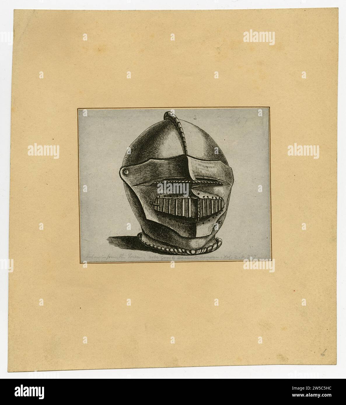 Incisione del casco chiuso con visiera abbassata. Una nota in mano a JGM: 'Casco dalla Torre, vide Grose, Ancient Armour, Vol.2, pag. 347 Foto Stock