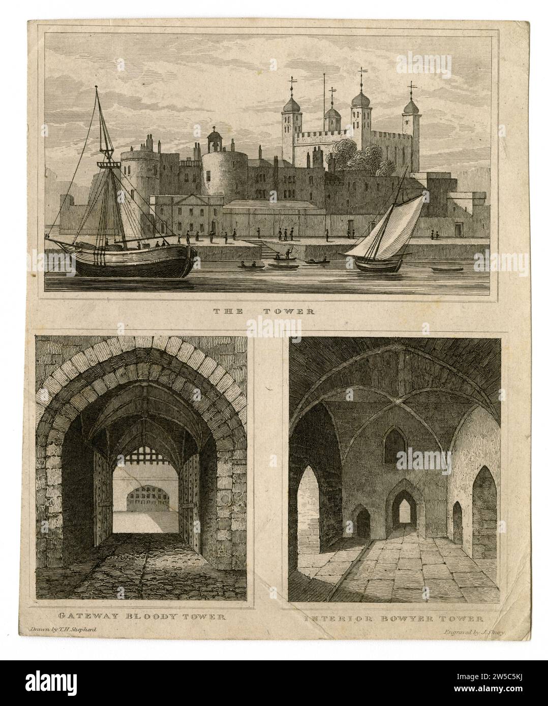 Vedute della Torre di Londra, intitolata "The Tower, Gateway Bloody Tower e Interior Bowyer Tower", incisa da J. Shury, in onore di T. H. Shepherd Foto Stock