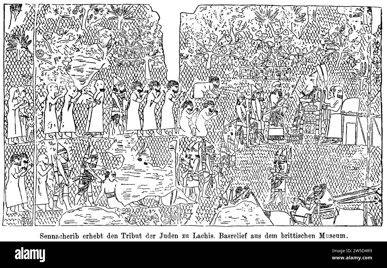 Re e conquistatore Sennacherib che raccoglie tributi dagli ebrei di Lachis, un'antica città canaita, Palestina, bassorilievo, palazzo, trono, tiara Foto Stock