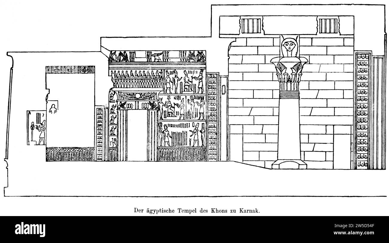 Tempio egiziano di Khon a Karnak, pianta, decorazioni, gente, architettura, Egitto, illustrazione storica 1886 Foto Stock