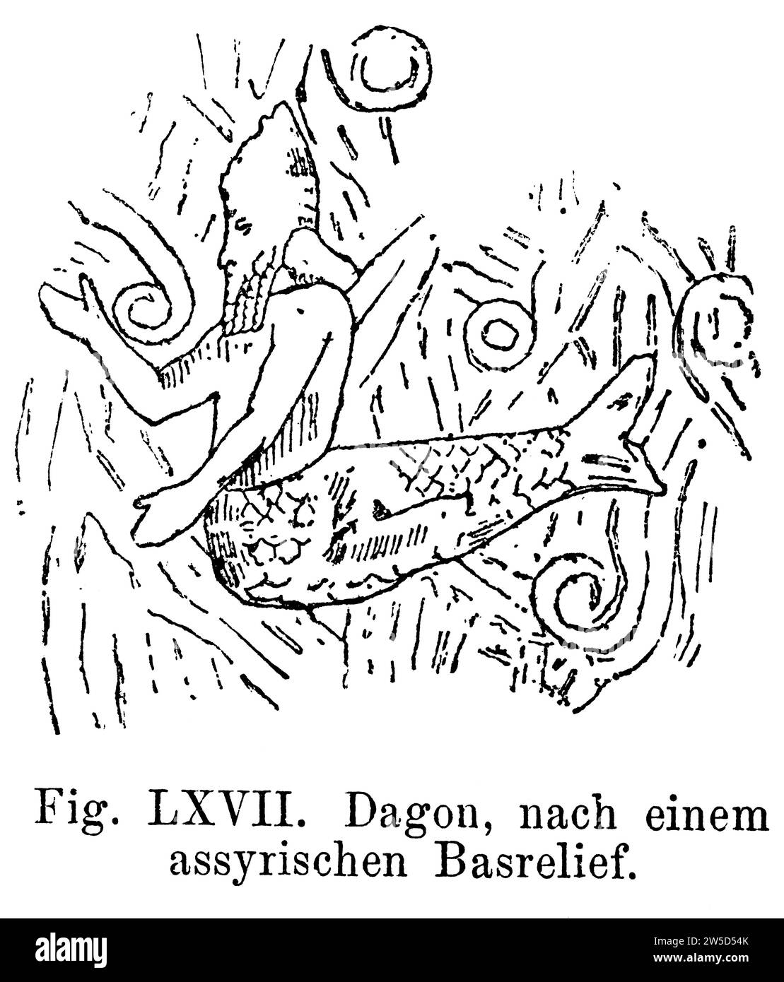 Dagon, dio capo dei Filistei, bassorilievo siriano dal Palazzo Sorgon, Khosabad, uomo della parte superiore del corpo, pesce del corpo inferiore, decorazioni, storico Foto Stock