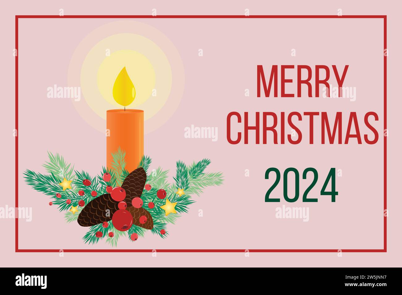 Cartolina di Natale con candela rossa festosa in rami di abete rosso con bacche rosse e testo di saluto. Per le vacanze. Vettore. Orizzontale Illustrazione Vettoriale