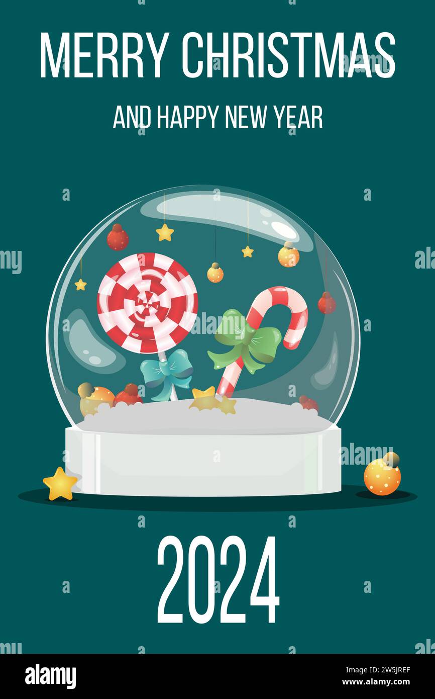 Cartolina di Natale con palla di Natale trasparente ricordo con neve, palle rosse e gialle, stelle e caramelle a righe all'interno su sfondo scuro. Illustrazione Vettoriale