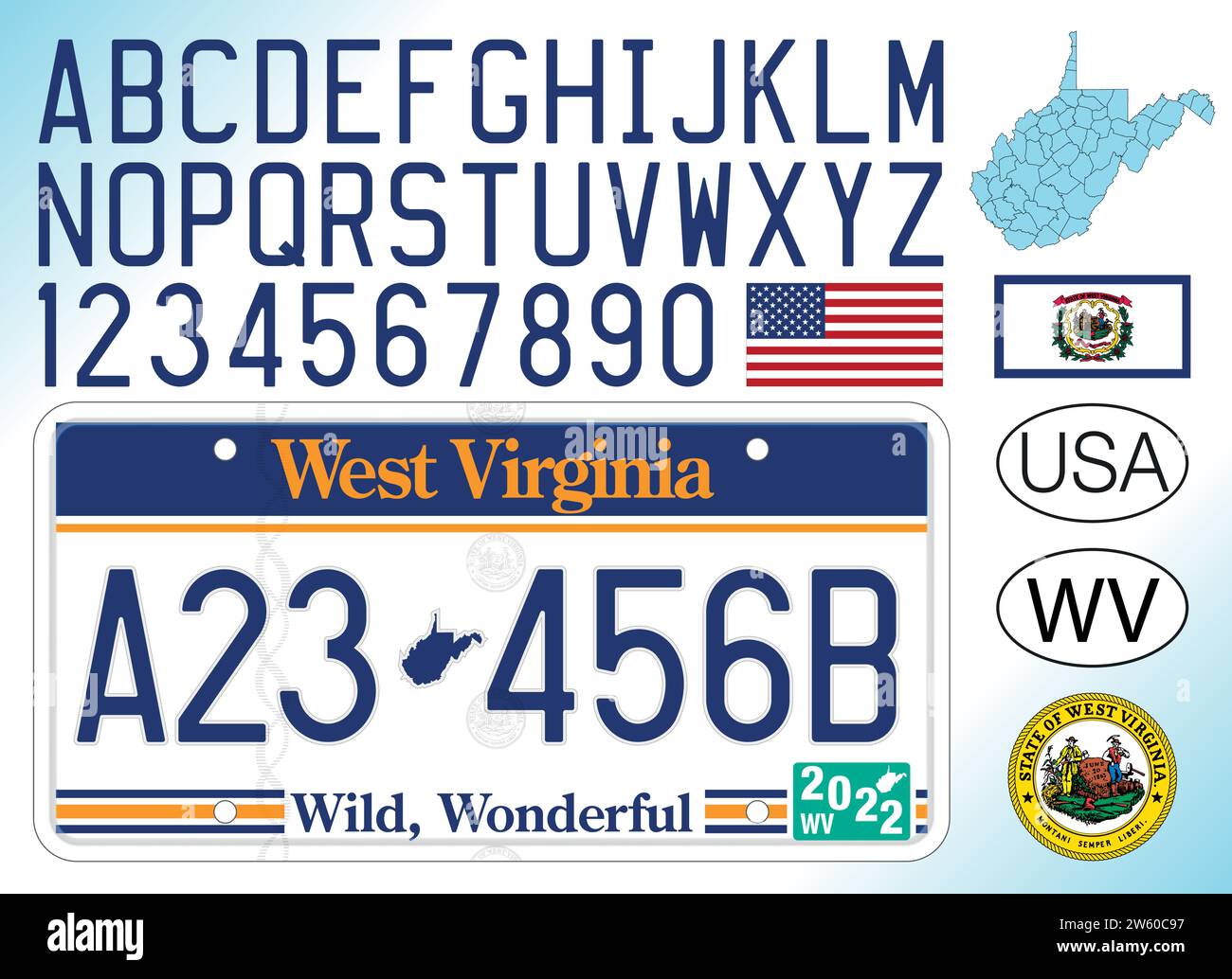 Modello targa auto US West Virginia 2023, Stati Uniti, illustrazione vettoriale Illustrazione Vettoriale