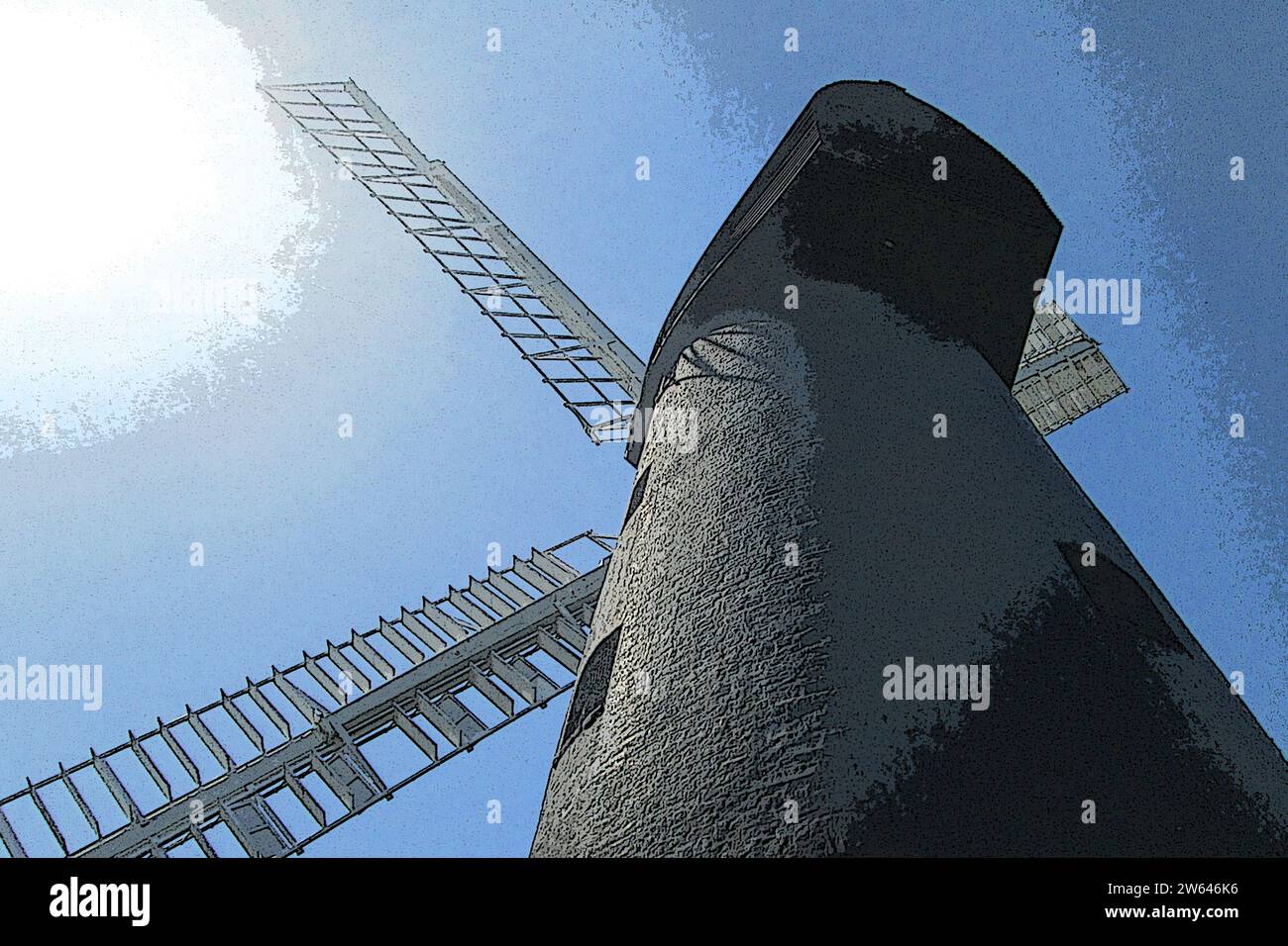 Brixton Windmill (costruito nel 1816) conosciuto anche come Ashby's Mill, London Borough of Lambeth, primo piano della torre di mattoni e vele, illustrazione digitale arte Foto Stock