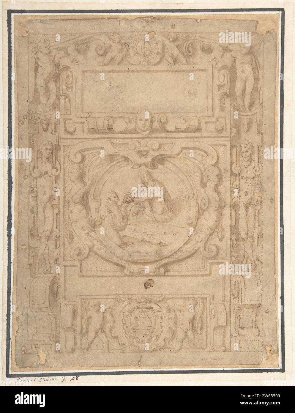 Disegno per un Cartouche con il monogramma "IHS" della compagnia di Gesù, Putti, creature Fantastick, ai confini, una scena centrale della Vergine con bambino con una figura monastica, e le braccia di famiglia di un Cardinale 1949 di Anonimo, italiano, seconda metà del XVI secolo Foto Stock