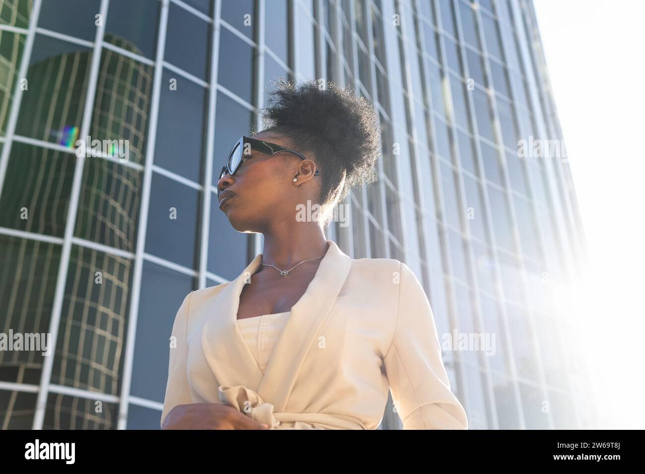 Angolo basso di elegante manager donna nera che indossa occhiali da vista e formali contro l'edificio in città Foto Stock