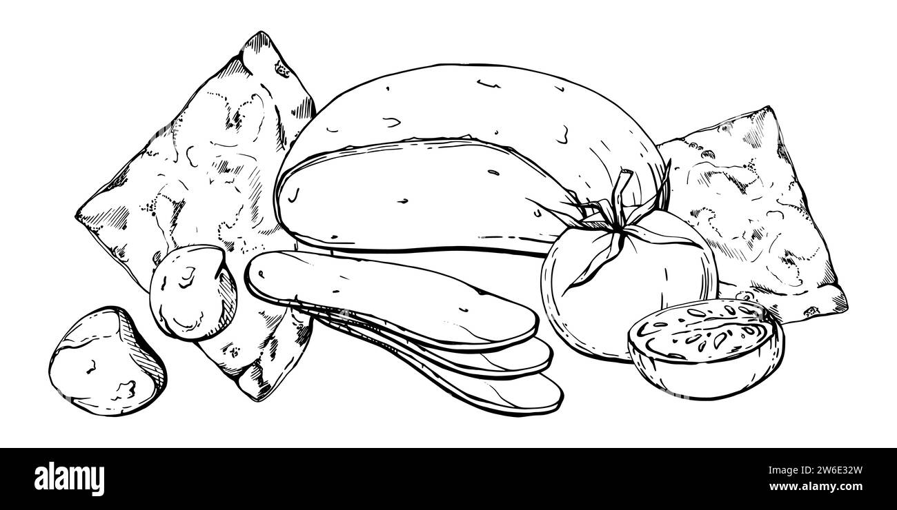 Illustrazione a inchiostro vettoriale disegnata a mano. Quattro formaggi, quattro formaggi, pizza a fetta, cucina italiana. Composizione isolata su bianco. Design per il ristorante Illustrazione Vettoriale