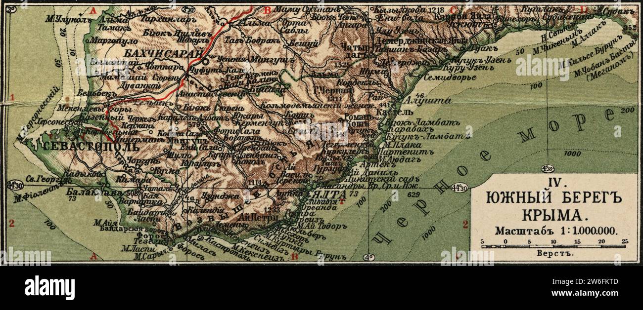 Mappa geografica (fisica) d'annata della costa meridionale della Crimea. Russia, 1908 Foto Stock