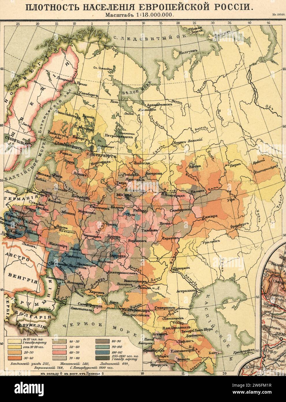 Mappa d'epoca densità di popolazione europea Russia, 1908 Foto Stock