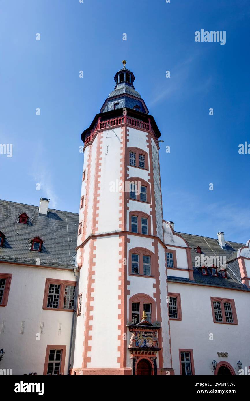 Stadtpfeiferturm tower, Courtyard, Castello di Weilburg, Weilburg an der Lahn, Assia, Germania, Europa Foto Stock