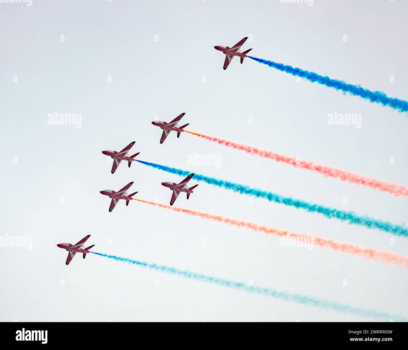 Red Arrows Aerobatic display team, (BAE Systems Hawk T1), Jersey International Airshow, 2023 Foto Stock