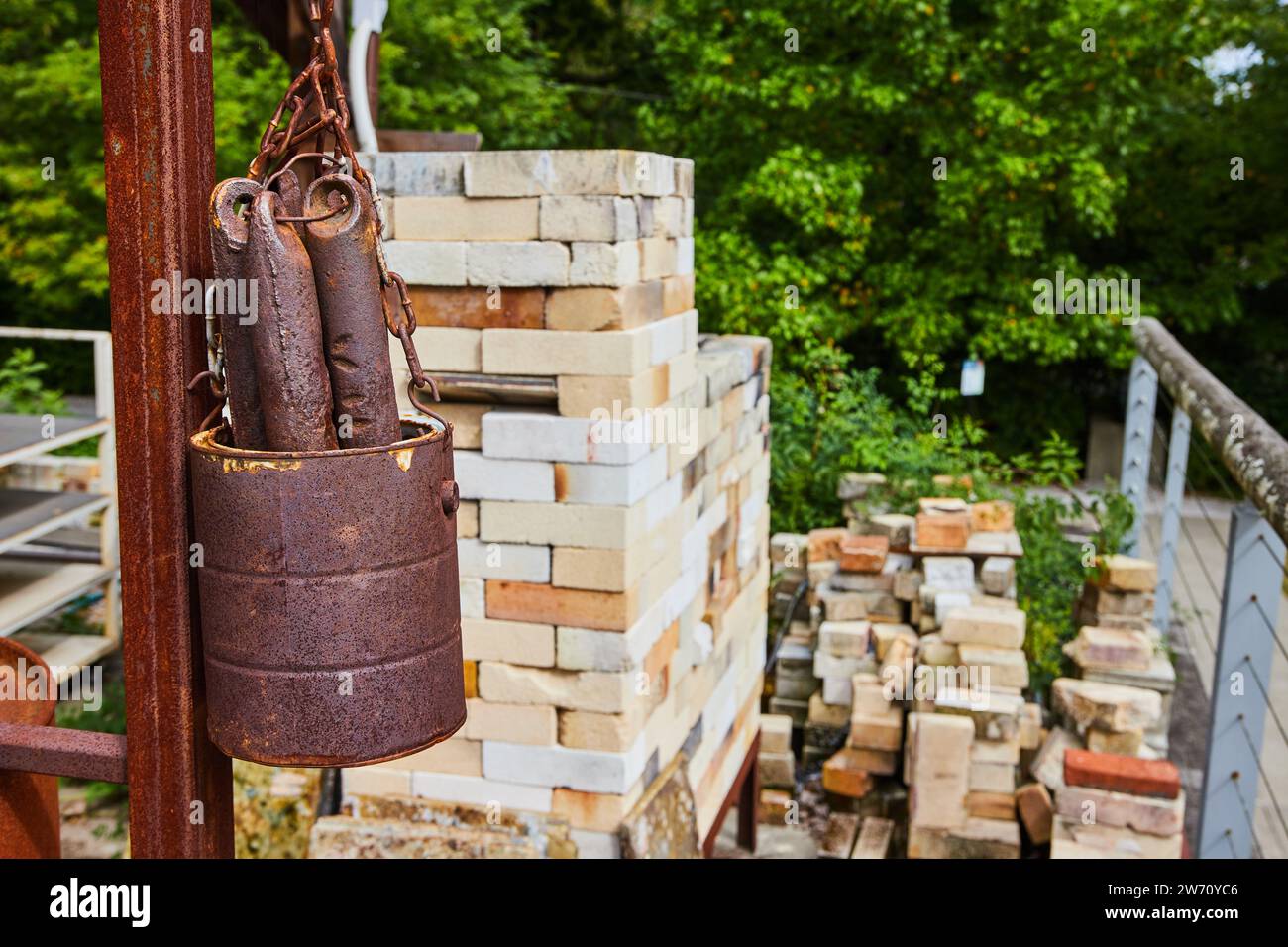 Rusty Bucket and Bricks in cantiere con sfondo verde Foto Stock