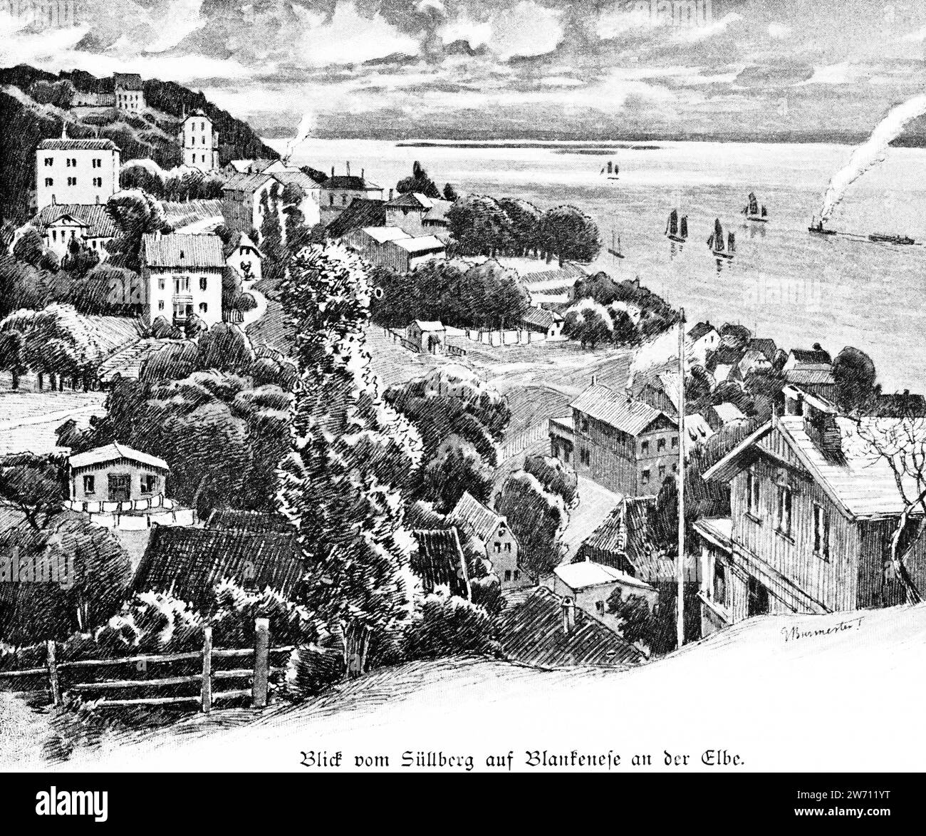Vista da Süllberg sull'elegante quartiere Blankenese sul fiume Elba, città anseatica Amburgo, Germania settentrionale, Europa Foto Stock