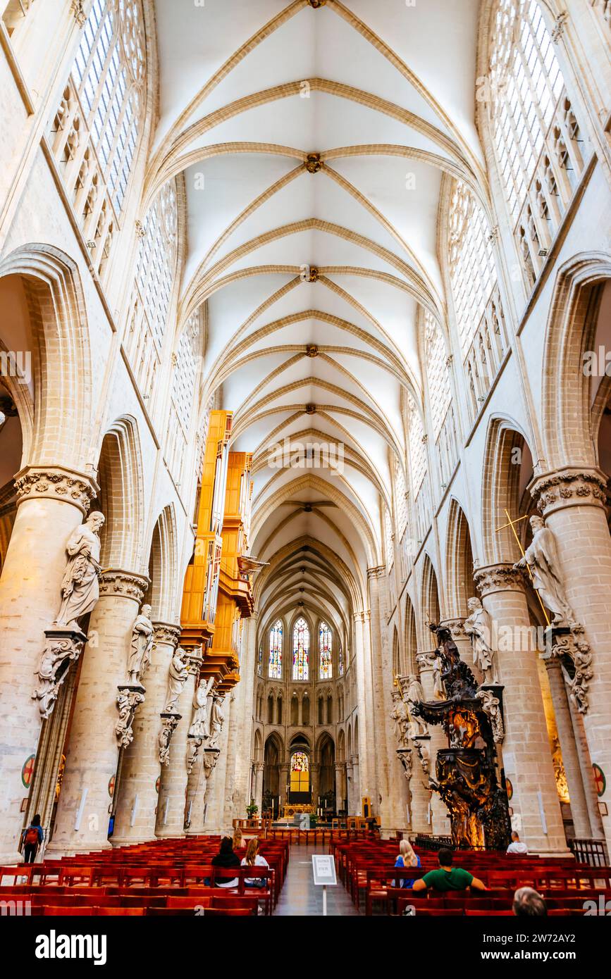 La navata rivestita da colonne cilindriche che sorreggono le dodici statue degli apostoli. La Cattedrale di St Michael e St. Gudula di solito accorciato Foto Stock