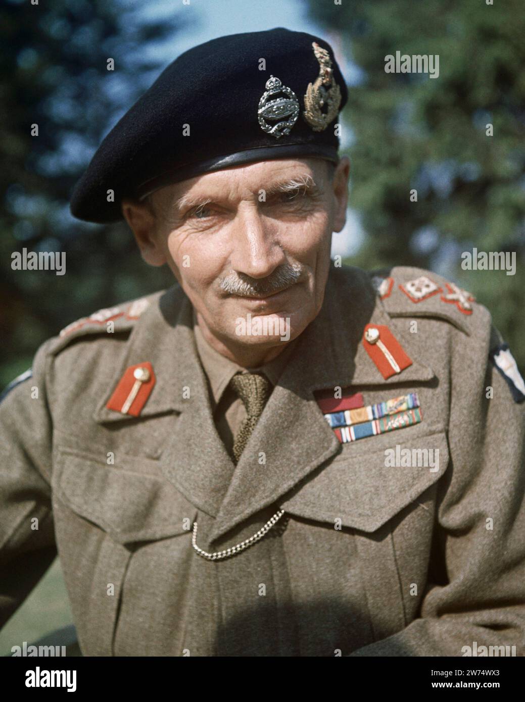 In Inghilterra, nel 1943, un ritratto catturò il generale Sir Bernard Montgomery, comunemente noto come 'Monty', lo stimato capo dell'Ottava Armata durante una visita nella sua patria. Il feldmaresciallo Bernard Law Montgomery, i visconte Montgomery di Alamein (1887 – 1976), ottenne il riconoscimento di distinto ufficiale dell'esercito britannico, prestando servizio in conflitti significativi come la prima guerra mondiale, la guerra d'indipendenza irlandese e in particolare la seconda guerra mondiale. Foto Stock