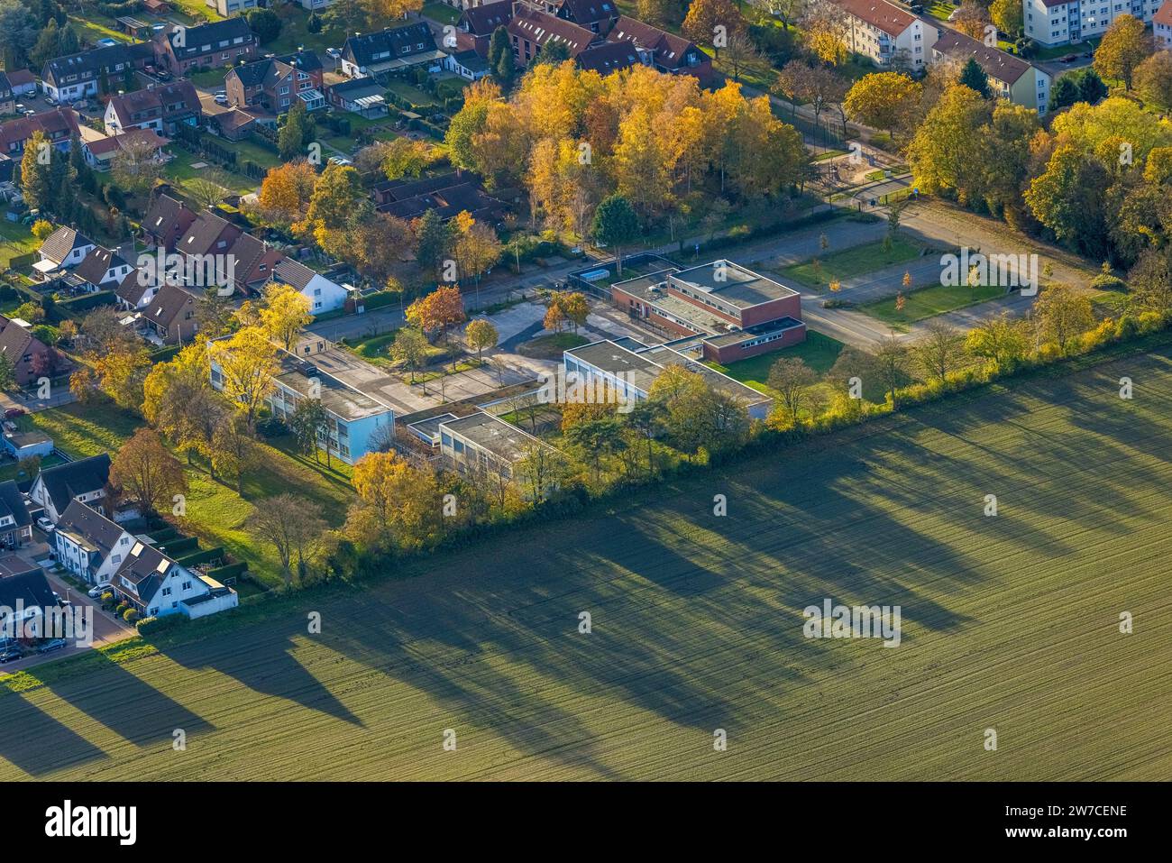 Vista aerea, scuola professionale Friedrich-List-Berufskolleg nella Herringer Heide alla luce della sera e circondata da alberi decidui autunnali, lei Foto Stock