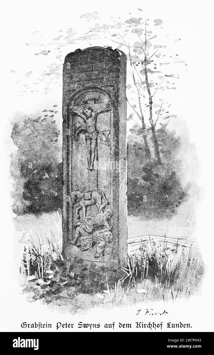 Tombstone di storia, assassinato Peter Swyn sulla St. Laurentius Church yard di Lunden, Dithmarschen, Schleswig-Holstein, Germania, Europa centrale Foto Stock