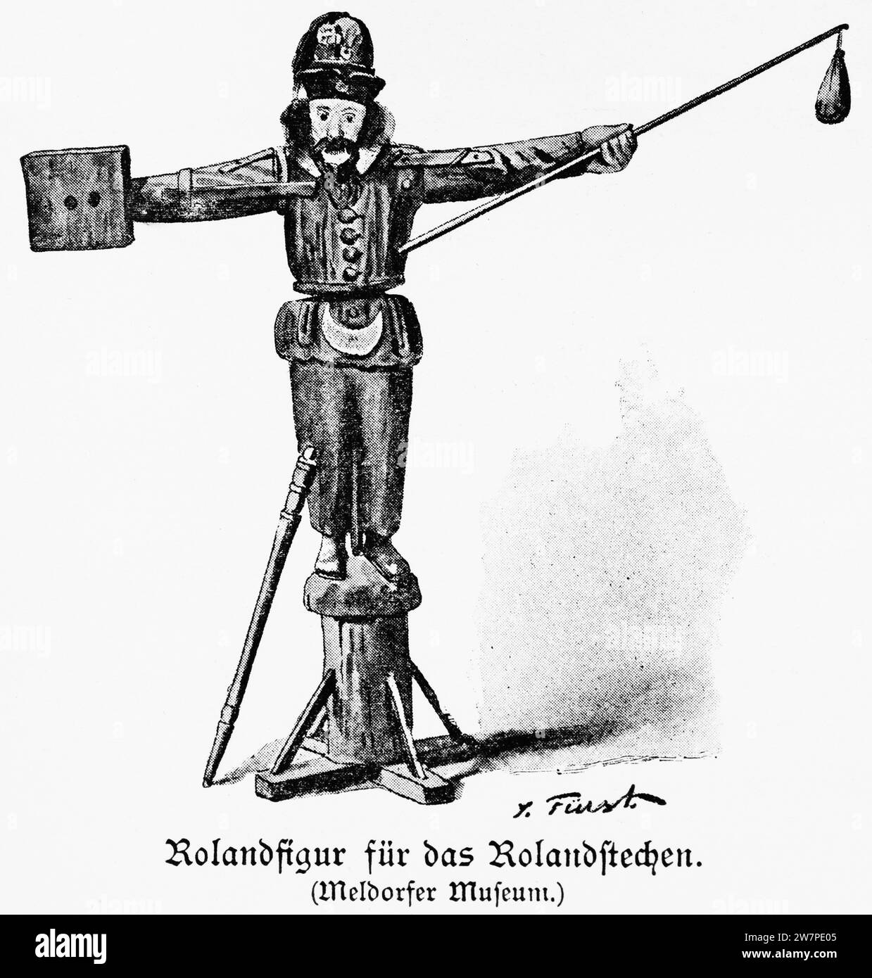 Figura di Roland necessaria per il Rolandstechen tradizionale, esposta nel Meldof Museum, Dithmarschen, Schleswig-Holstein, Germania settentrionale, Europa centrale Foto Stock