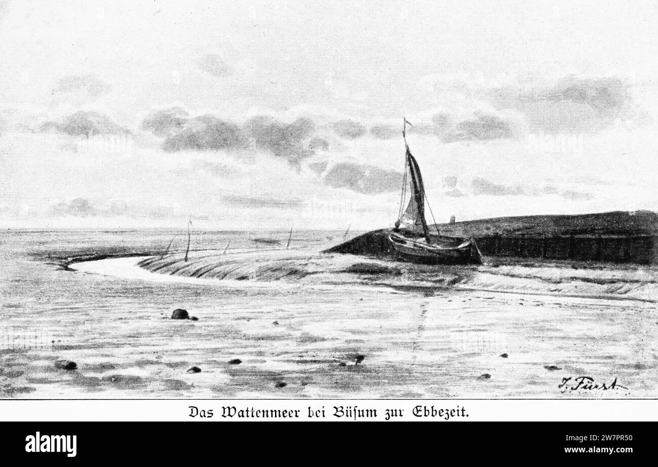 Mare di Wadden con bassa marea con barca vicino a Büsum, Schleswig-Holstein, Germania settentrionale, Europa centrale, illustrazione storica 1896 Foto Stock
