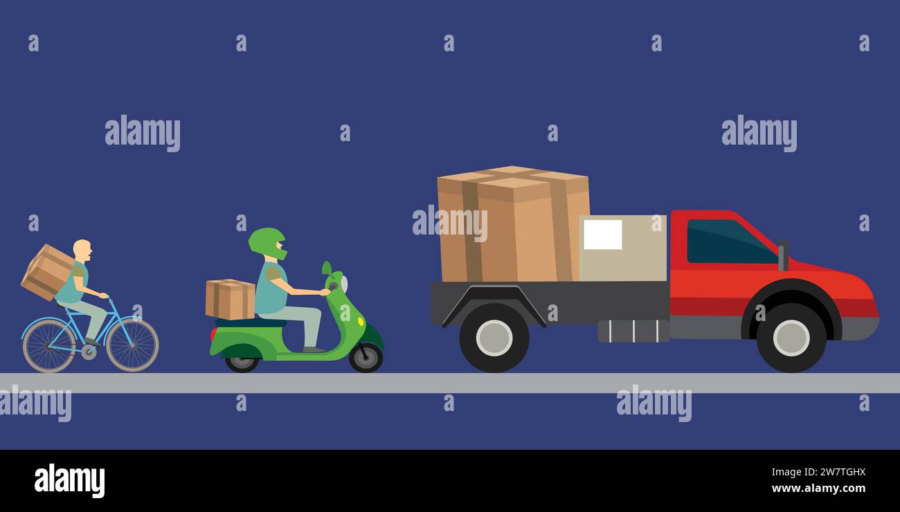 Concetto di servizio di consegna, consegna di pacchi con diversi mezzi di trasporto Illustrazione Vettoriale