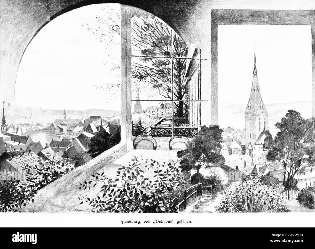 Città di confine Flensburg vista dalla parte superiore del Bellevue, confine danese-prussiano, Schleswig-Holstein, Germania settentrionale, illustrazione storica 1896 Foto Stock