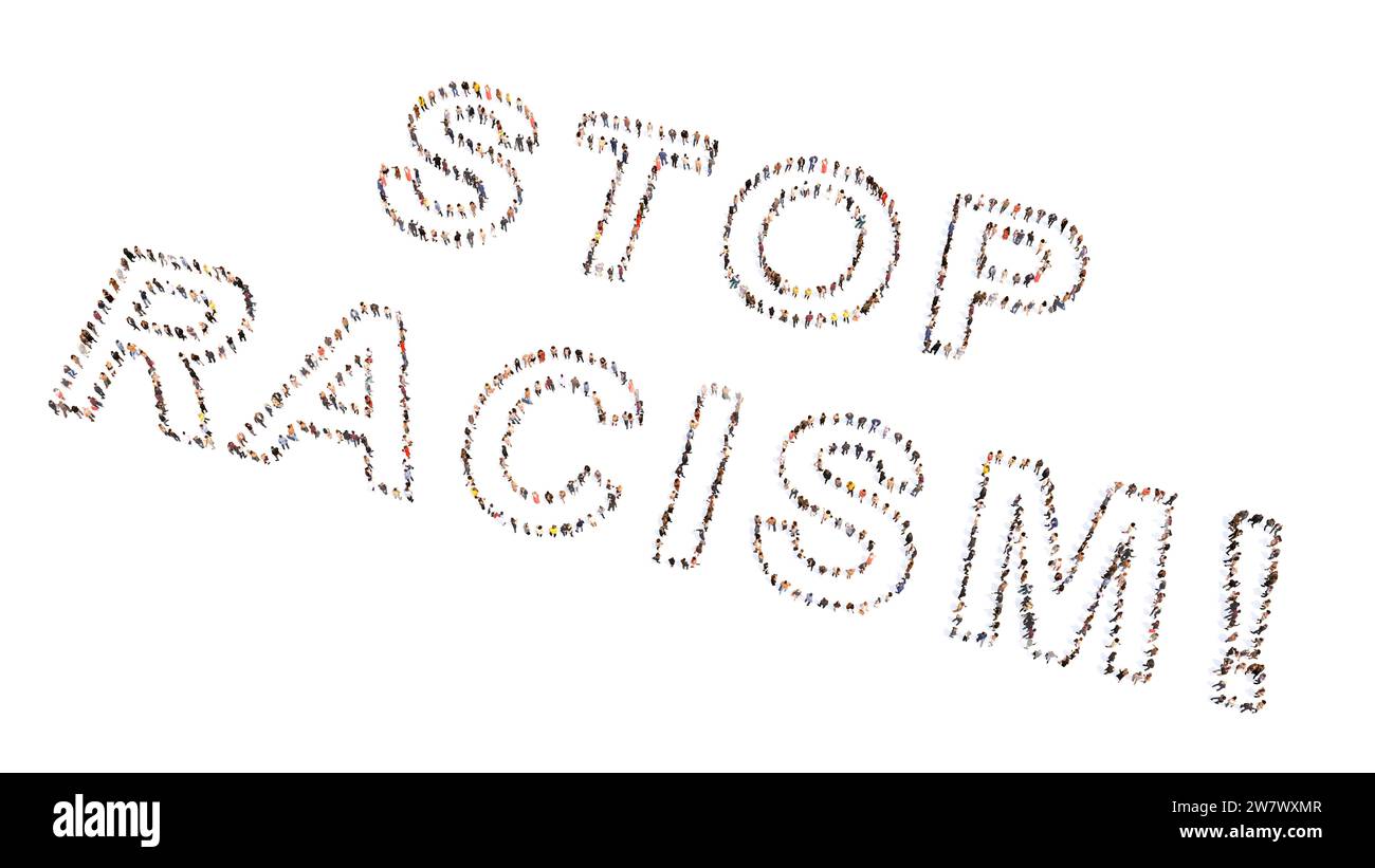 Concetto concettuale grande comunità di persone che formano FERMARE IL RAZZISMO! slogan. 3d metafora illustrativa per l'uguaglianza, la giustizia sociale, la fine della discriminazione Foto Stock