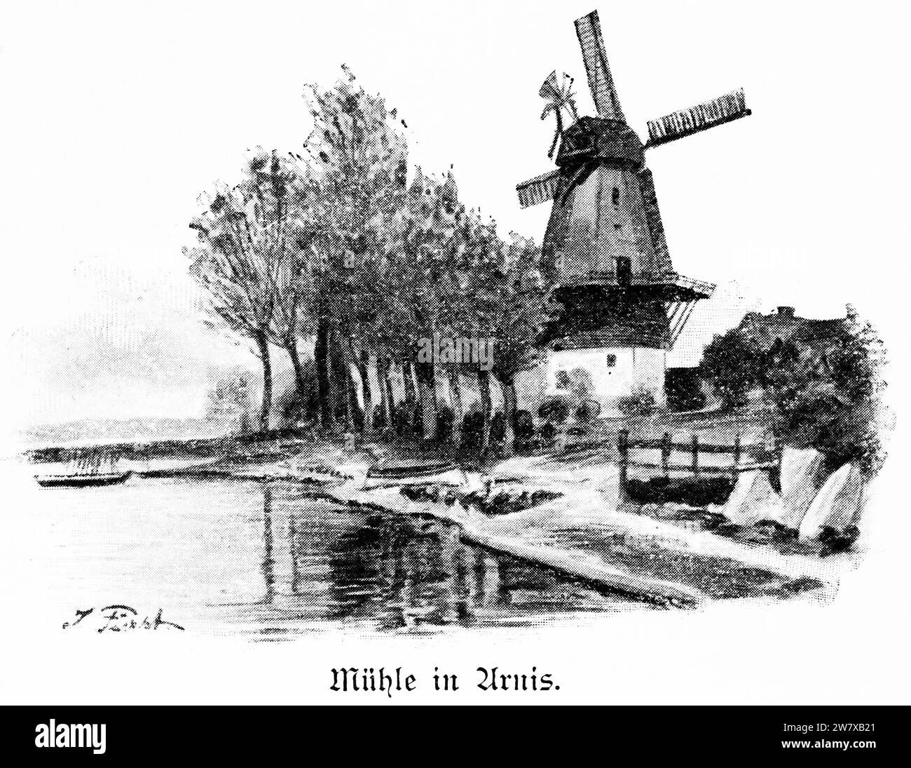Mulino a vento nel villaggio di Arnis sul fiordo di Schlei, Schleswig-Holstein, Germania settentrionale, illustrazione storica 1896 Foto Stock