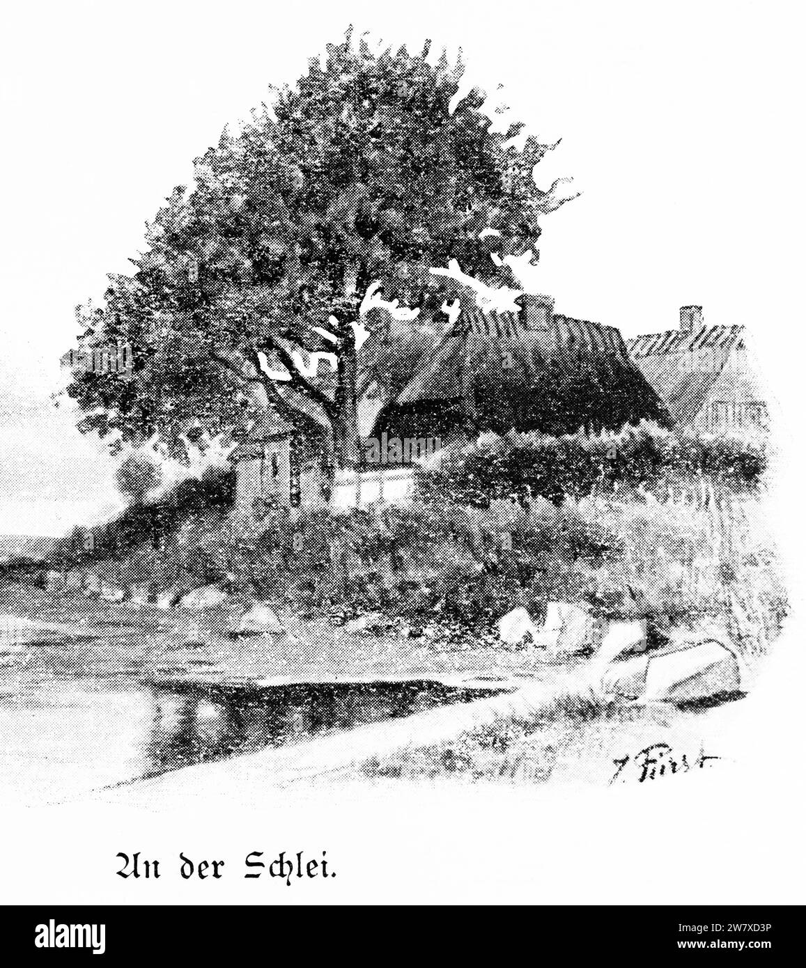 Case accoglienti in campagna sulle rive del fiordo di Schlei, Schleswig-Holstein, Germania settentrionale, illustrazione istrica 1896 Foto Stock
