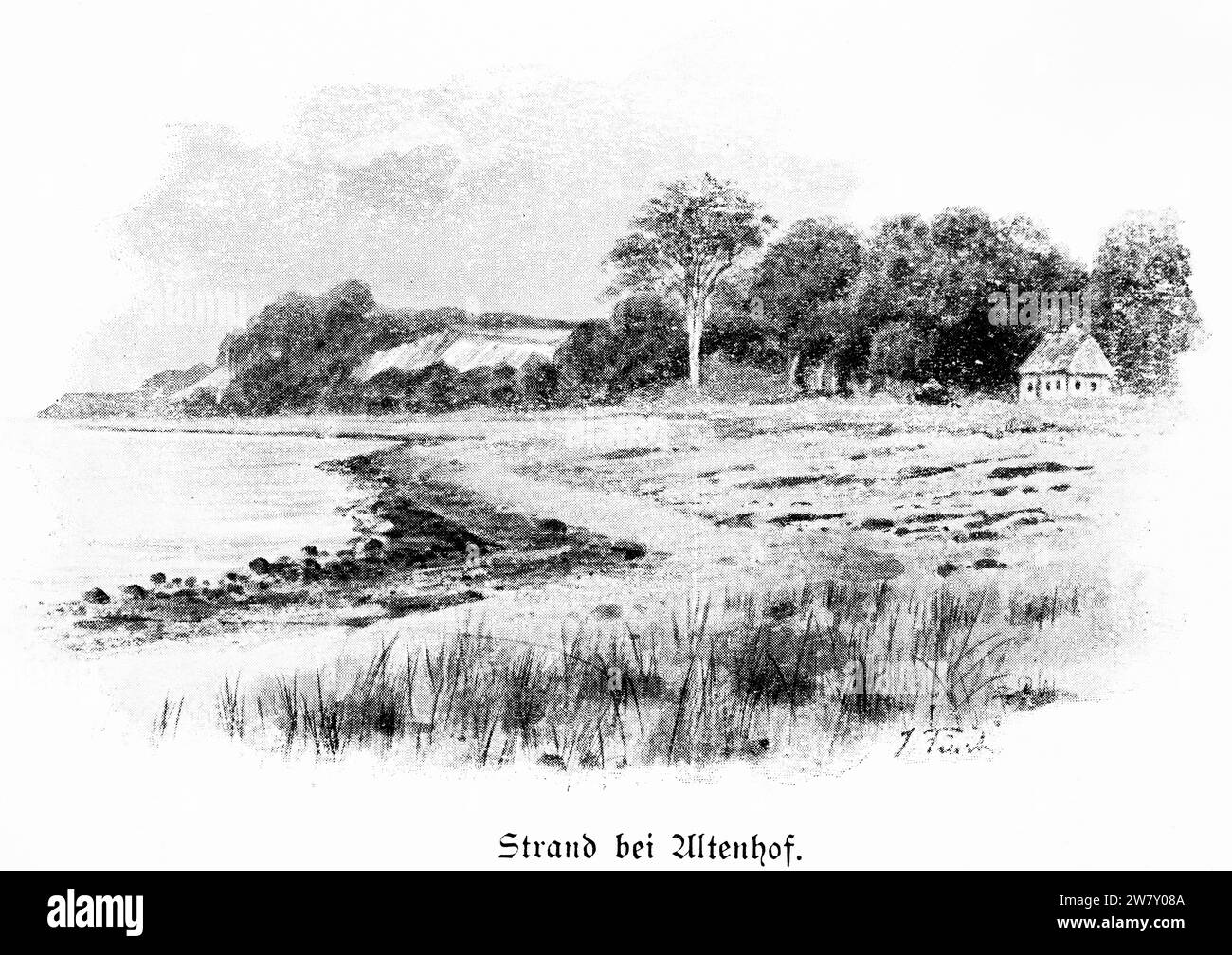 Mare e spiaggia vicino Altenhof, Eckernförde Fjord, Schleswig-Holstein, Germania settentrionale, illustrazione storica 1896 Foto Stock