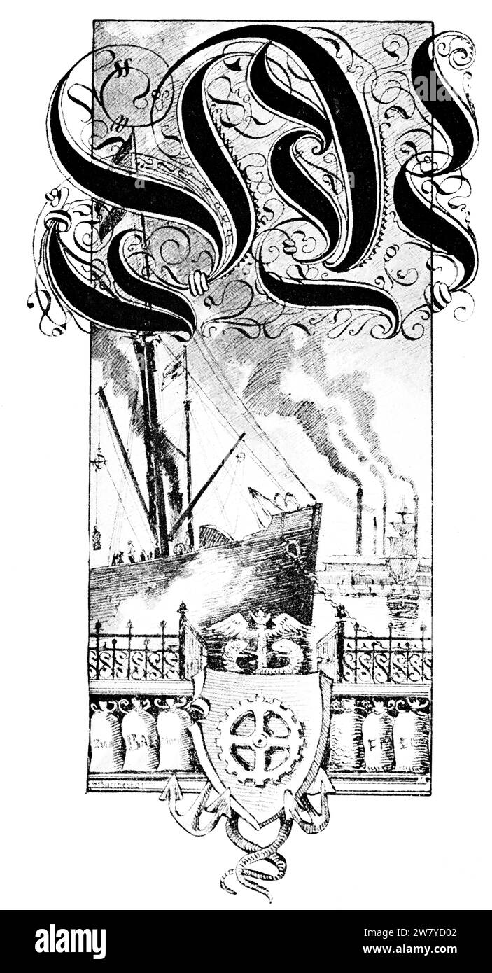 Emblema Intruductory per l'industria, il commercio e la spedizione nello Schleswig-Holstein, Germania settentrionale, illustrazione storica 1896 Foto Stock