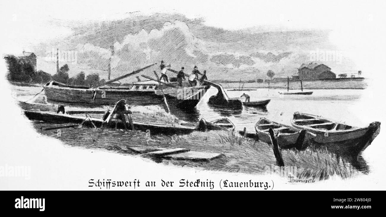 Piccolo cantiere navale a Lauenbrug sul fiume Stecknitz, fiume Elba, Schleswig-Holstein, Germania settentrionale, illustrazione istrica 1896 Foto Stock