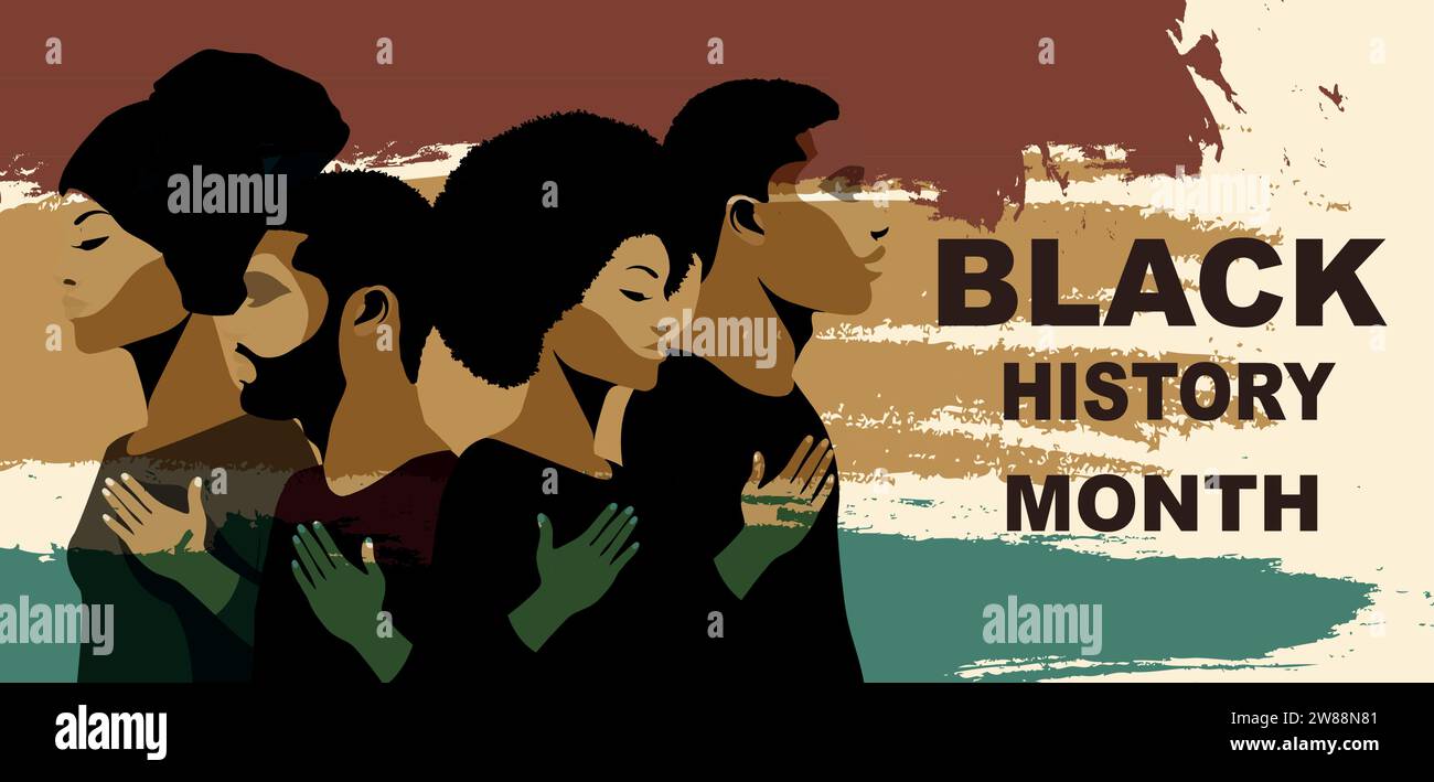 Evento del mese della cronologia nera. Profilo silhouette persone africane e afroamericane. Gruppo etnico di neri uomini e donne. Uguaglianza razziale - giustizia Illustrazione Vettoriale