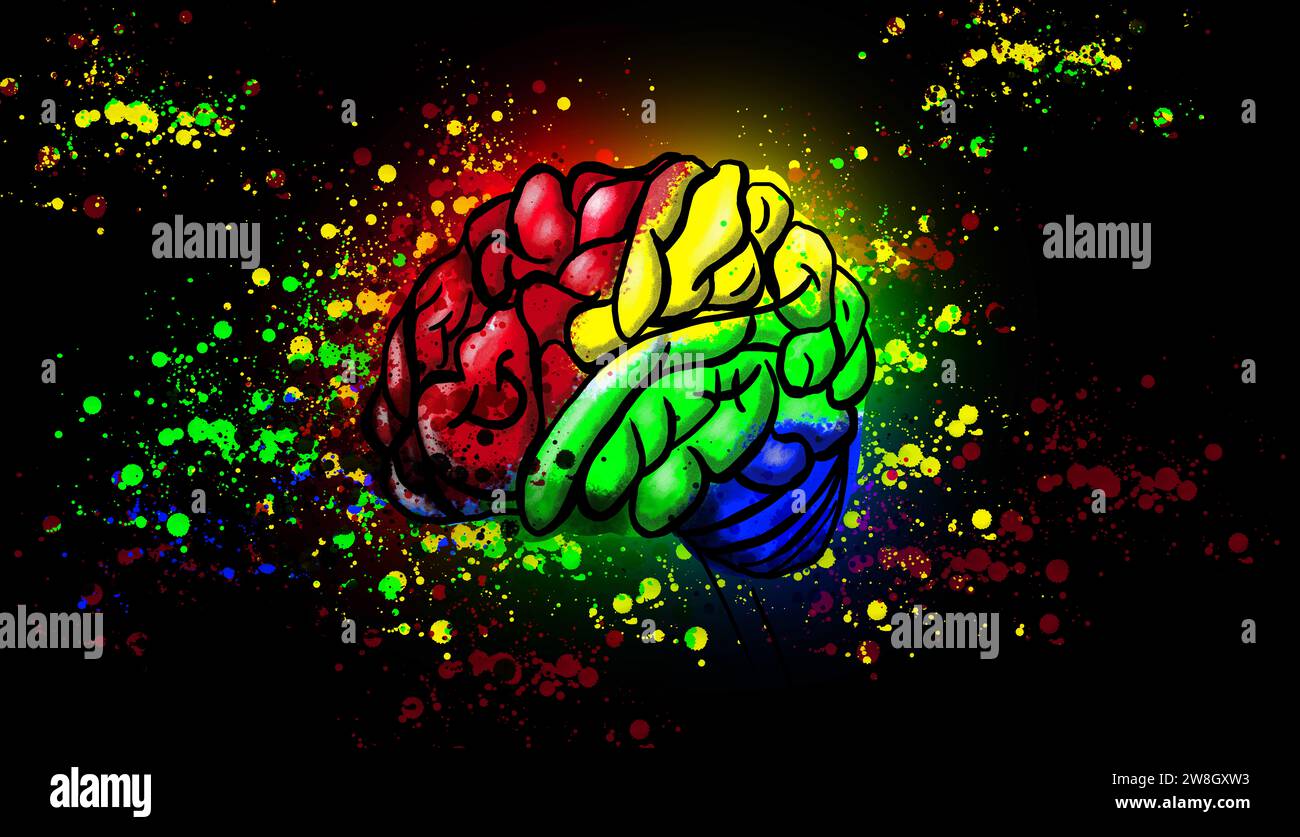 colorata illustrazione del cervello con schizzi di vernice per la pittura digitale Foto Stock