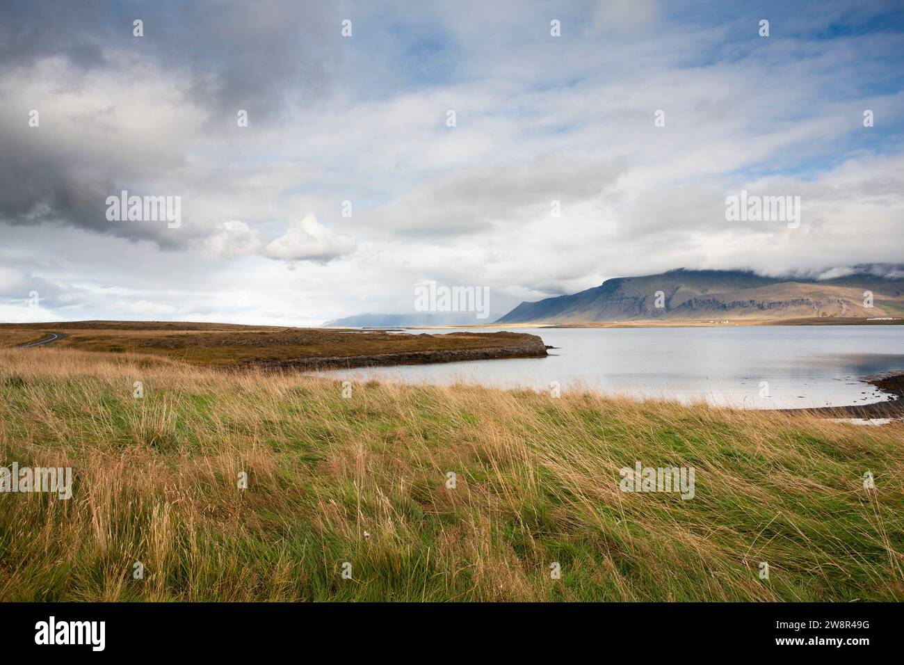 Paesaggio panoramico con acqua e montagne sullo sfondo, Islanda Foto Stock