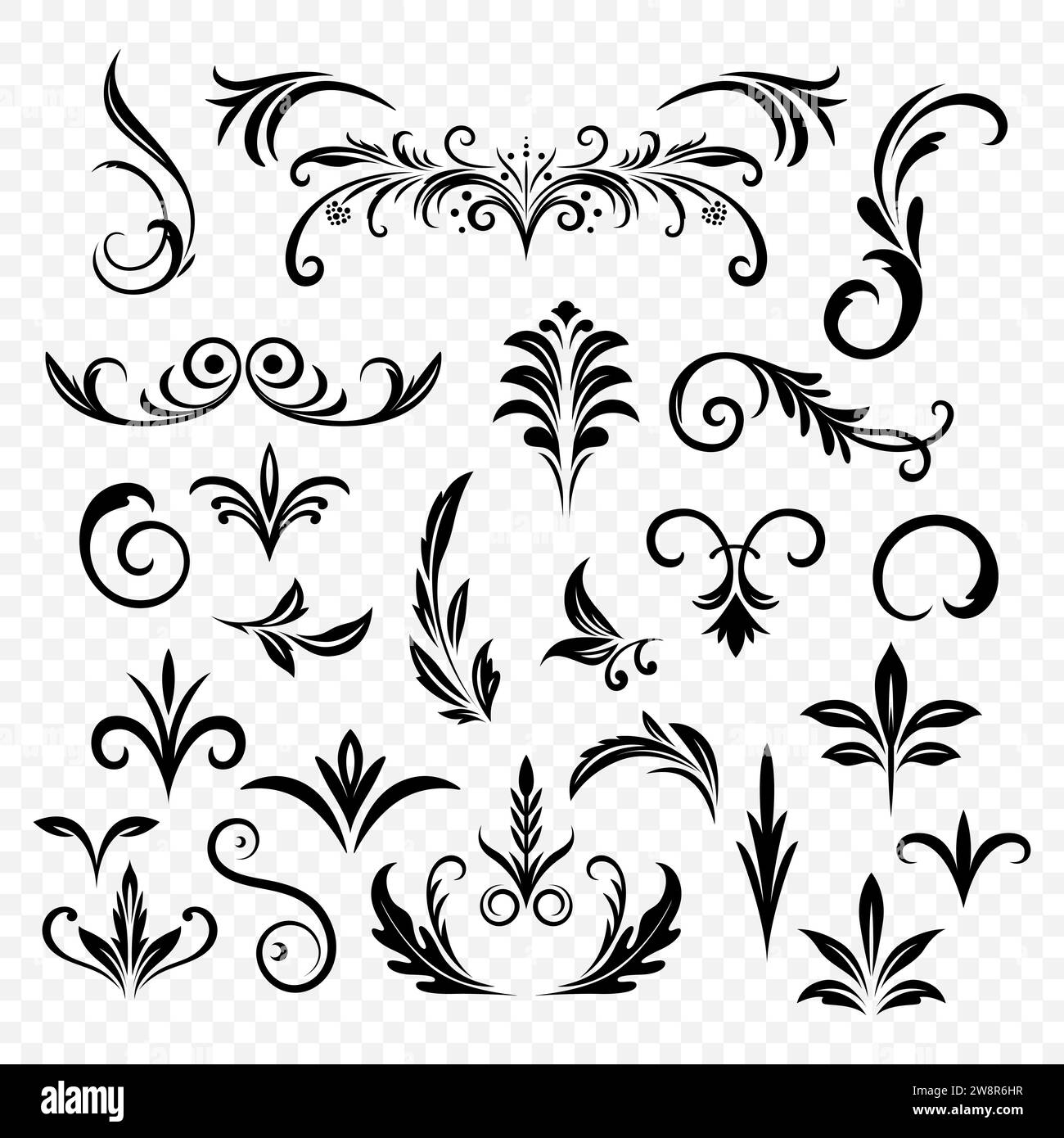 Set ornamentale filigrana decorativa vettoriale. Testata di ventilazione, divisori. Elementi di progettazione di cornici retrò, filigrana, bordi decorativi, decorazioni di pagine Illustrazione Vettoriale