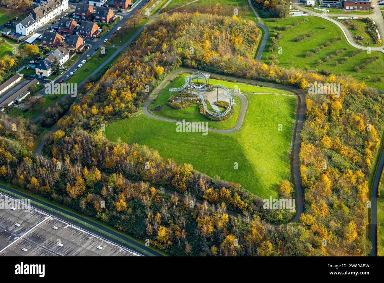 Vista aerea, Tigre e tartaruga - magica opera d'arte della montagna, parco Heinrich-Hildebrand-Höhe, circondato da alberi decidui autunnali, Wanheim-Angerhausen, Foto Stock
