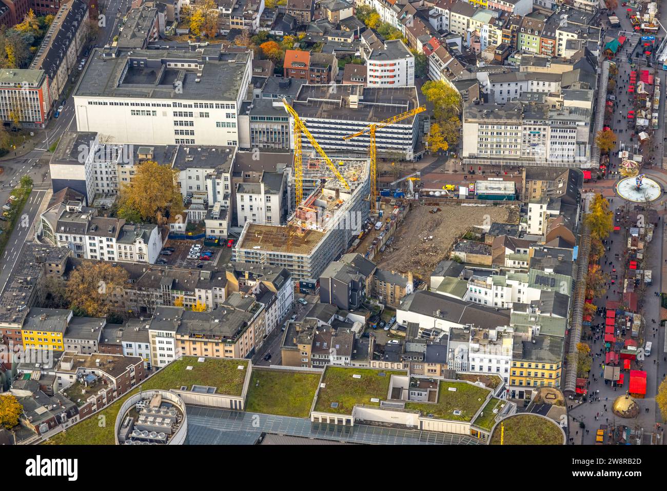Vista aerea, centro affari della città, mercatino di Natale nella zona pedonale di Königstraße, cantiere Düsseldorfer Straße angolo Königstraße, surr Foto Stock