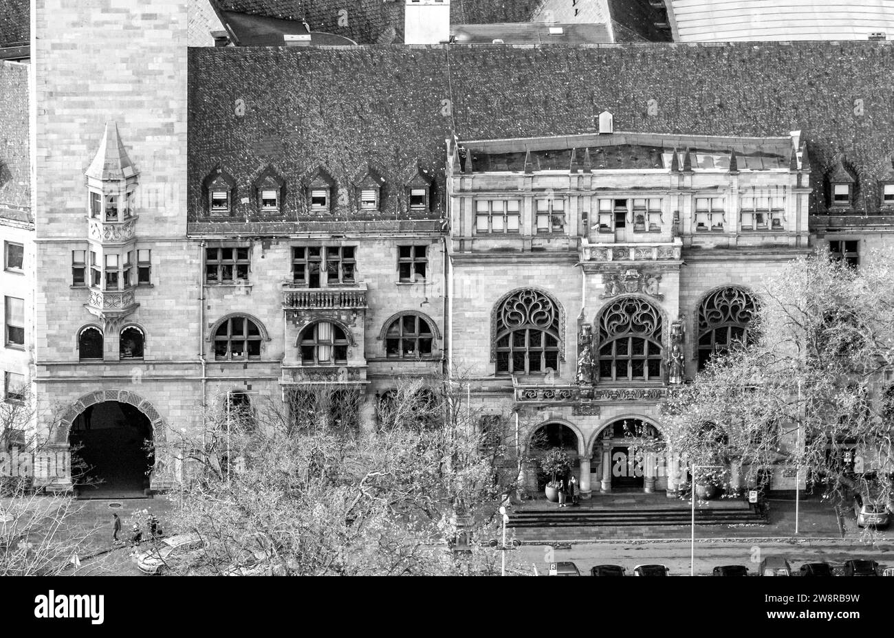 Vista aerea, facciata storica del municipio, circondata da alberi decidui autunnali, città vecchia, Duisburg, zona della Ruhr, Renania settentrionale-Vestfalia, Germania Foto Stock