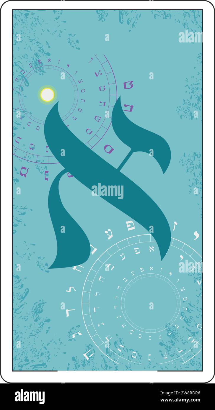 Disegna una carta di tarocchi ebraici. Lettera ebraica chiamata Aleph Large e Blue. Illustrazione Vettoriale