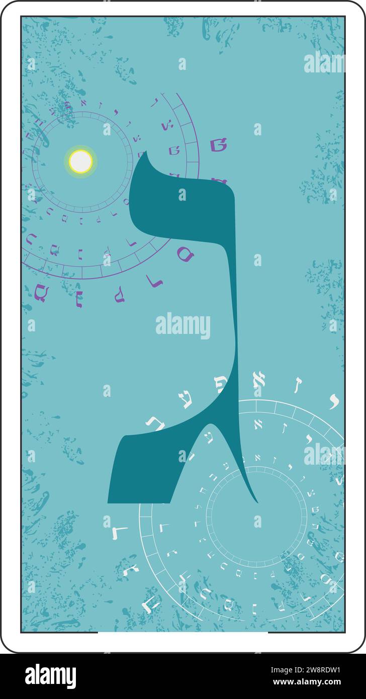 Disegna una carta di tarocchi ebraici. Lettera ebraica chiamata Gimel Large e Blue. Illustrazione Vettoriale