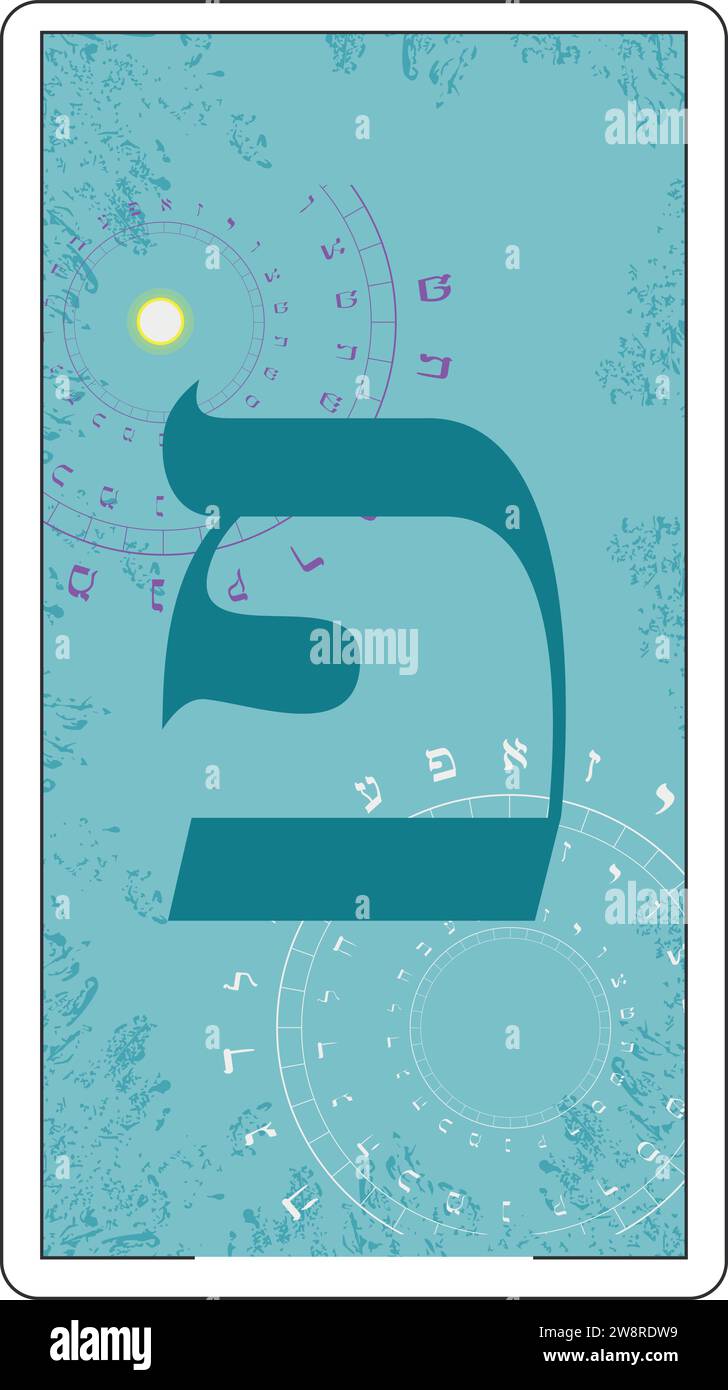 Disegna una carta di tarocchi ebraici. Lettera ebraica chiamata Peh Large e Blue. Illustrazione Vettoriale