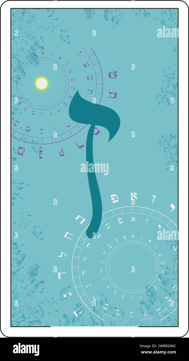 Disegna una carta di tarocchi ebraici. Lettera ebraica chiamata Zayin Large e Blue. Illustrazione Vettoriale