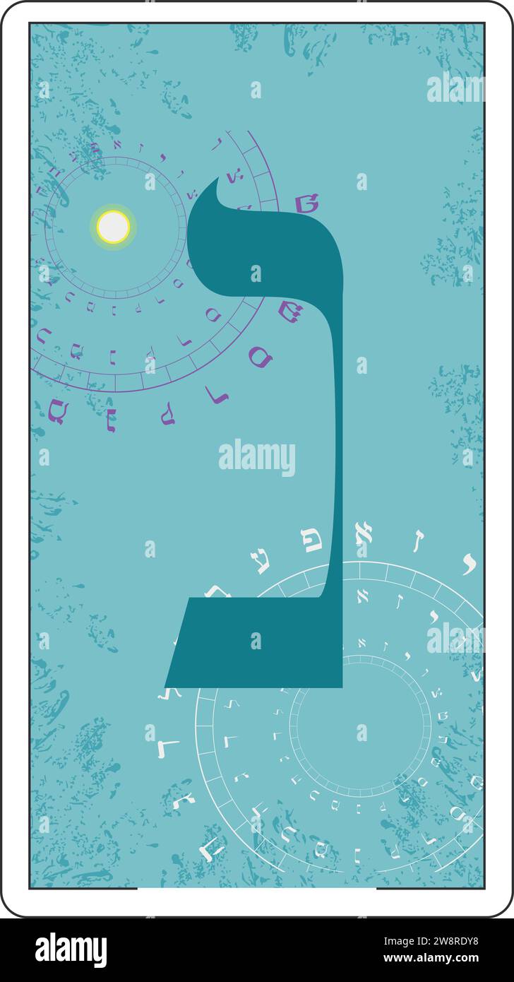 Disegna una carta di tarocchi ebraici. Lettera ebraica chiamata Nun Large e Blue. Illustrazione Vettoriale