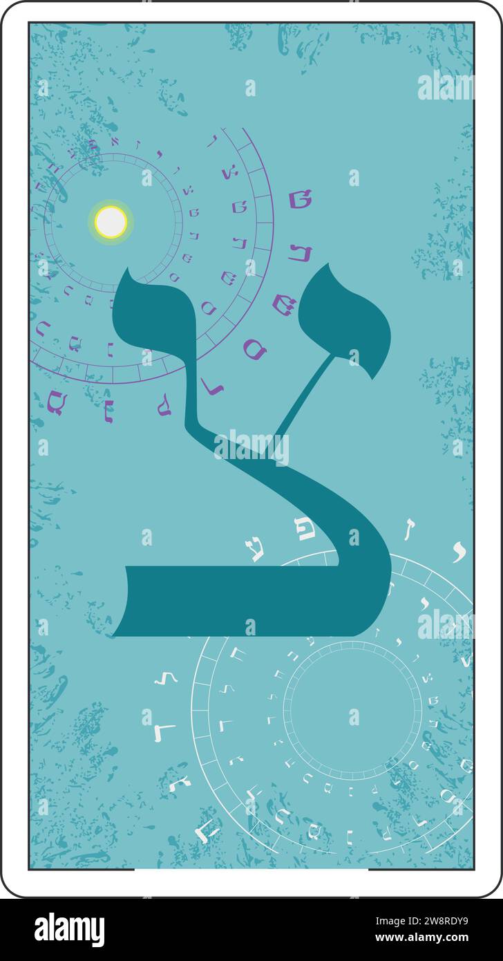 Disegna una carta di tarocchi ebraici. Lettera ebraica chiamata Shin Large e Blue. Illustrazione Vettoriale