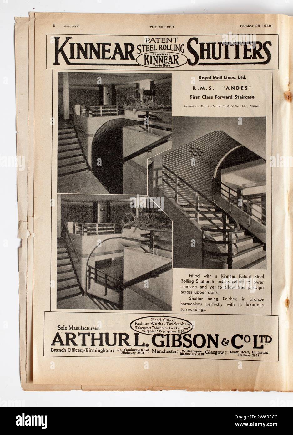 Pubblicità da una copia di 1940s The Builder Magazine ; Kinnear Shutters di Arthur Gibson Foto Stock