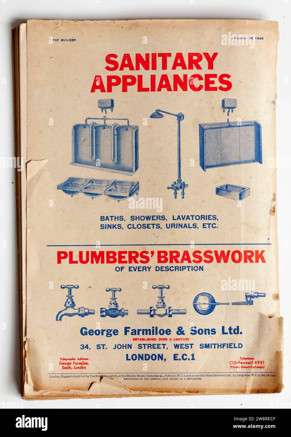 Pubblicità da una copia di 1940s The Builder Magazine ; apparecchi sanitari ; Plumbers Brasswork di George Farmiloe Foto Stock