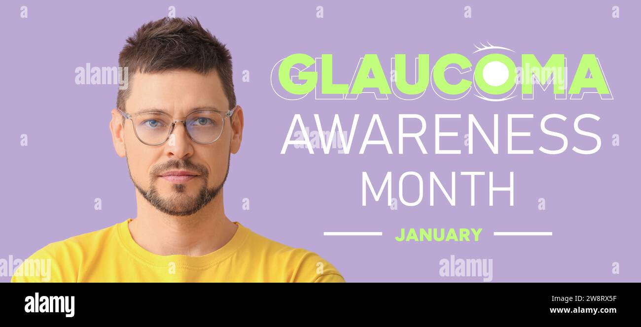 Banner per il mese di sensibilizzazione al glaucoma con l'uomo che indossa gli occhiali Foto Stock