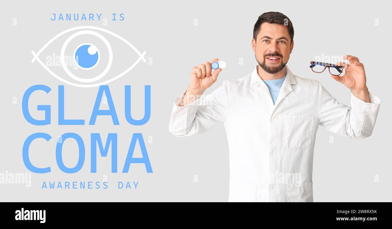 Banner per il glaucoma Awareness Day con medico su sfondo chiaro Foto Stock